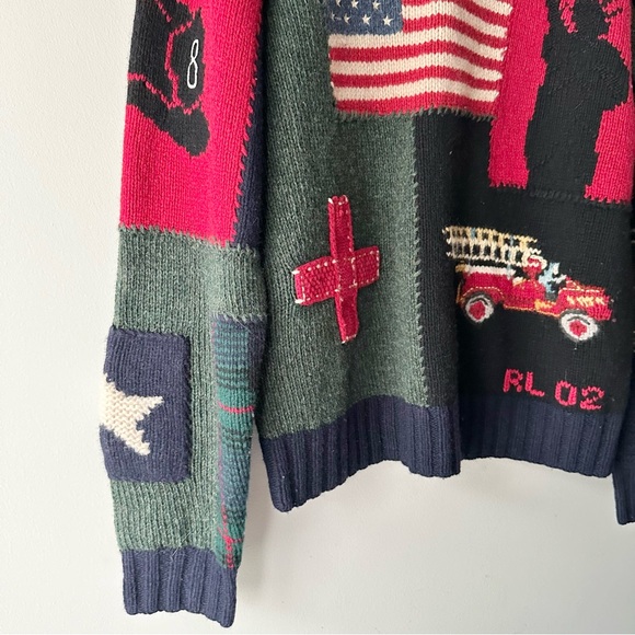 Rare Vintage Polo Ralph Lauren 9/11 Tribute Sweater Hand Knit Patchwork - Picture 2 of 5